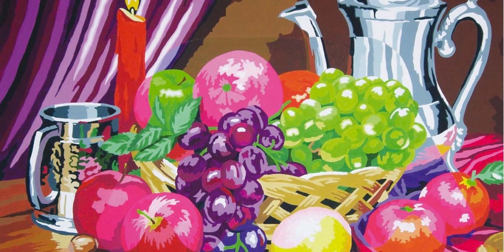 Imago, Carafe et corbeille à fruits, Acrylique sur papier marouflé sur bois 1,60x1,20m