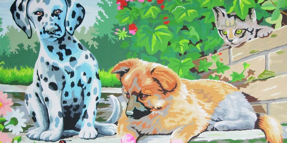 Imago, chiens et chat, look who'swatching, Acrylique sur papier marouflé sur bois 1,60x1,20m