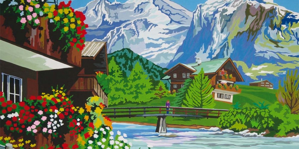 Imago, montagnes, chalets et rivière à truites, Acrylique sur papier marouflé sur bois 1,60x1,20m