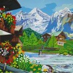 Imago, montagnes, chalets et rivière à truites, 1,60 x 1,20 m