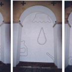 Dessin mural N° 4 (1) côté gauche, pierre noire sur mur, chapelle St pierre des Carmes à Tulle, 2003